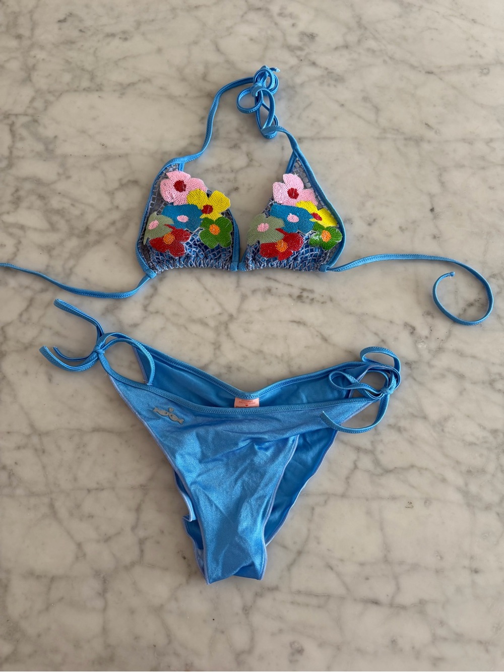 Blue Floral Embroidered Triangle Bikini Set